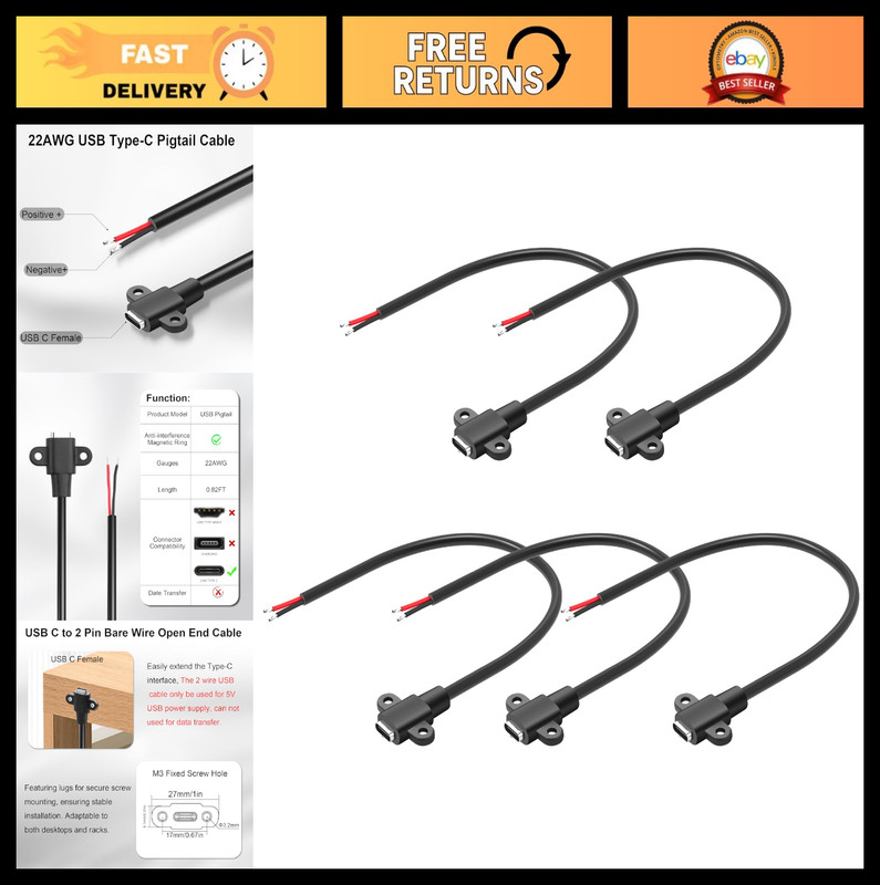 USB C Female 2 Pin Bare Wire Power Cable 5V/3A DIY Charger Extension 25CM