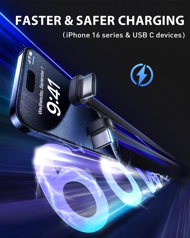 Short USB C Cable, 4 inch Flat Dual USB C Cable Right Angle, 60W PD Type C Fa... gallery