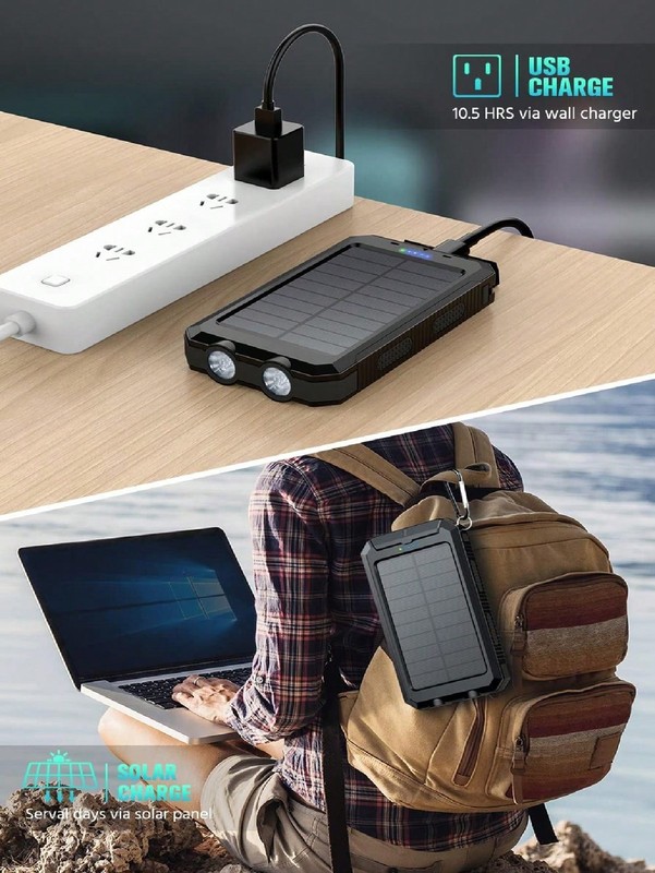 36800mAh Solar Power Bank, QC3.0 Fast Charger with LED Light & Compass, Black gallery