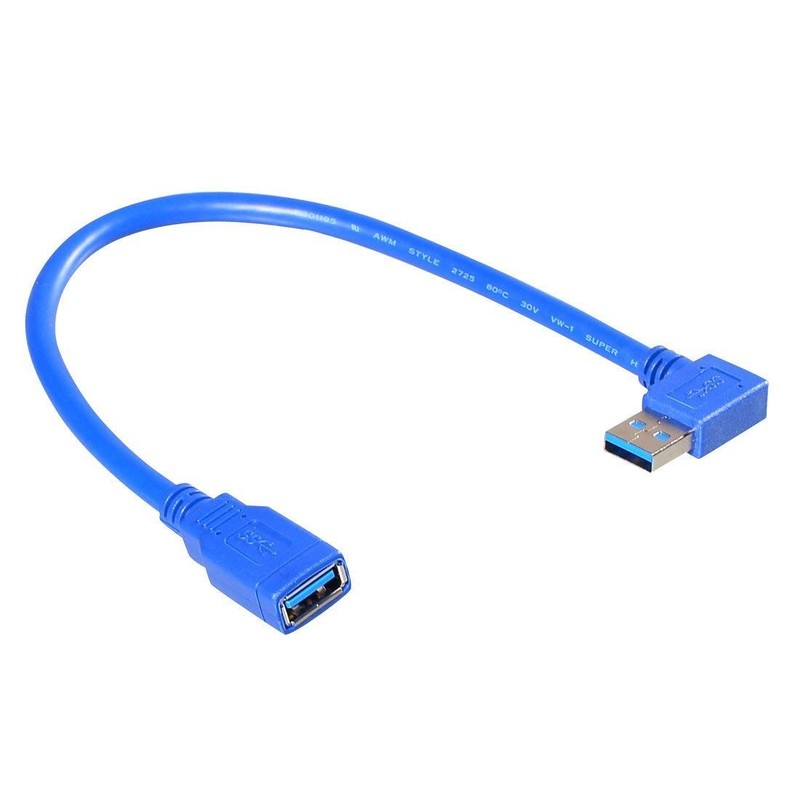 90-Degree Left-Angle USB Extension Cable, Male to Female, 1ft Short, Blue