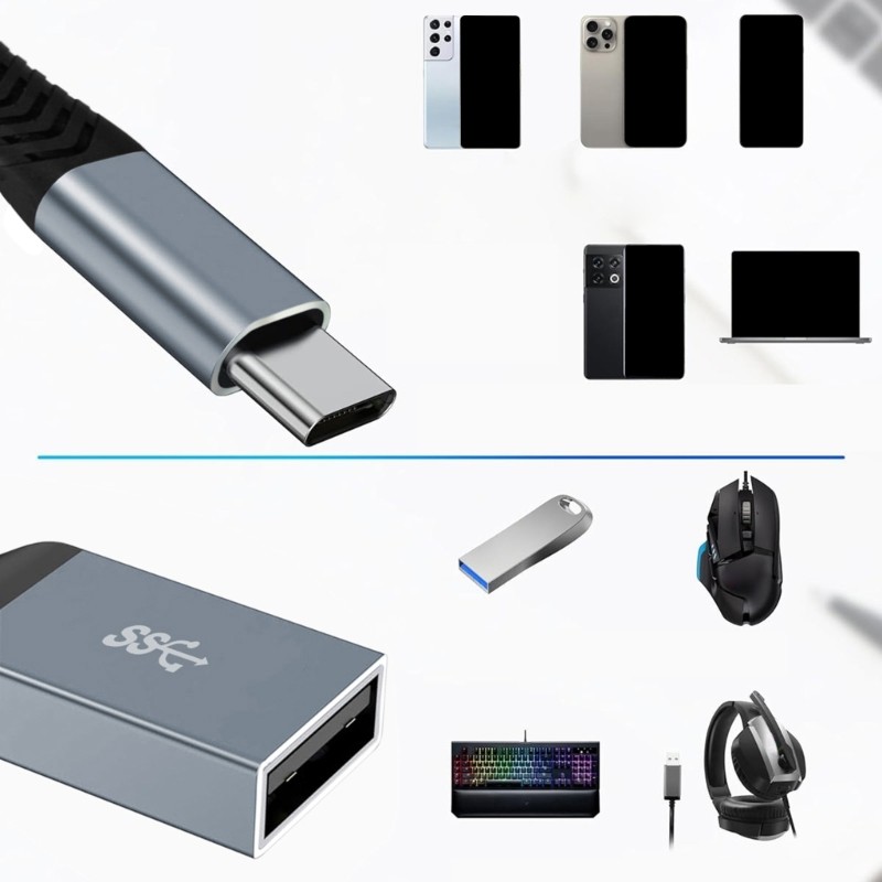Type C OTG Converter PD60W Fast Charge USB A 2.0 Port Braided Durability Travel