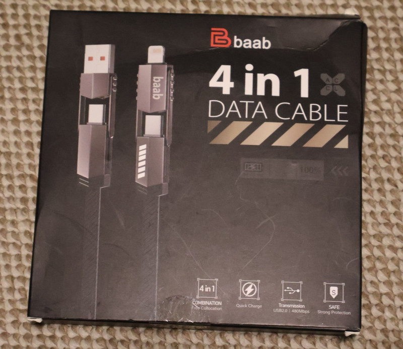 Baab 4 in 1 Combination Data Quick Charge Cable 5ft iPad iPhone Samsung