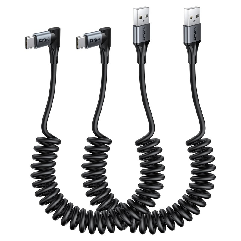 SUNGUY USB C Cable 5FT Right Angle Coiled 2 Pack Fast Charge