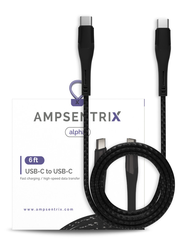 AmpSentrix – 6 Ft USB Type C To USB Type C Cable (Alpha) (Black)