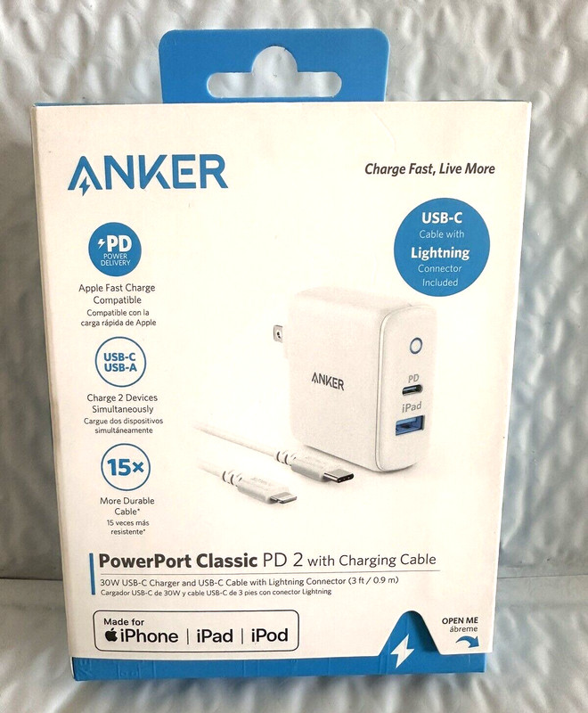 Anker Apple Fast Charge Power Port Classic PD 2 w/ 3′ Charging Cable – White