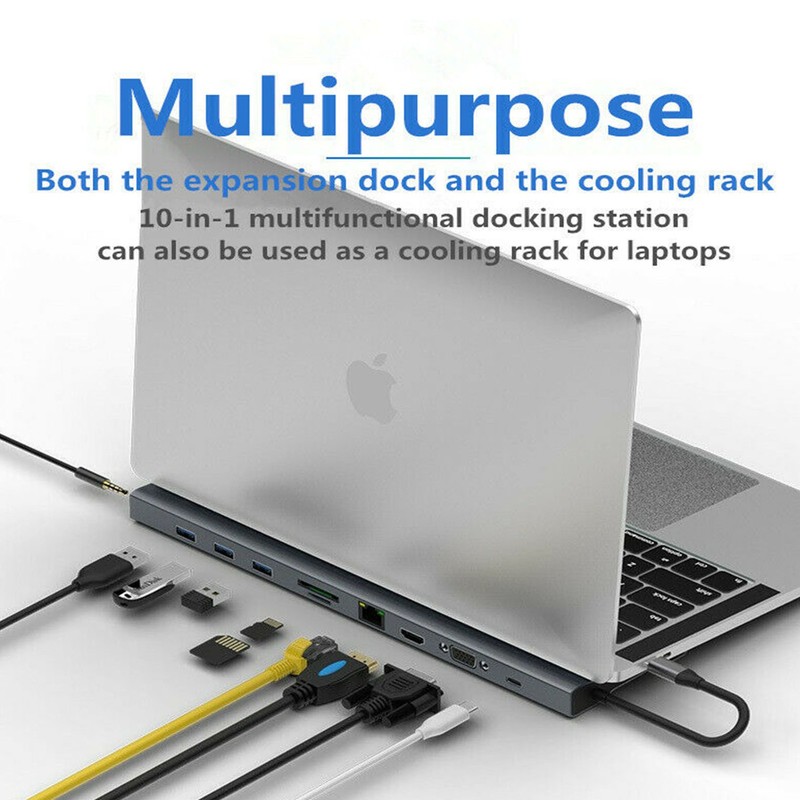 10 in 1 Multi-function USB3.0 Hub Adapter USB Type C Docking 4K HDMI VGA RJ45 SP gallery