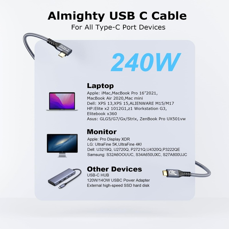 90 Degree USB C 3.2 Gen2x2 Cable 20Gbps 240W Fast Charge 4K UHD Video Cord gallery