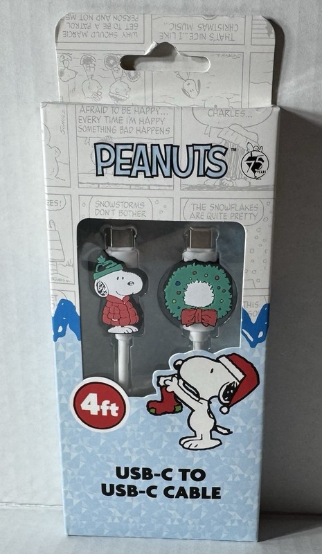 🎄 Peanuts USB-C Charging Cable Snoopy Christmas Wreath 4FT Data/Sync Cord White