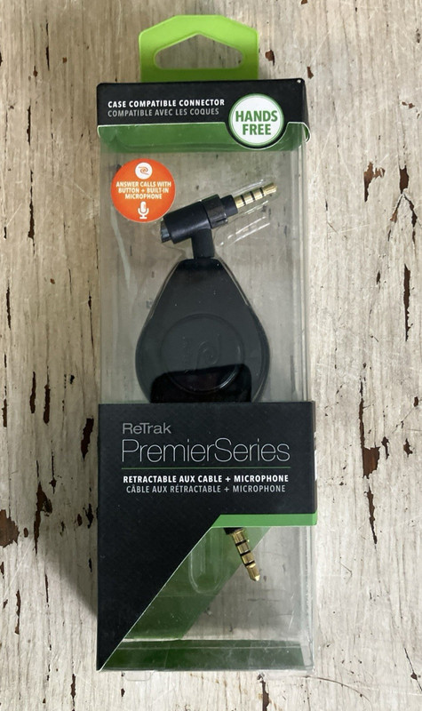 ReTrak Essentials Retractable Auxiliary Cable + Mic Black Ext. 6 Feet Sealed New