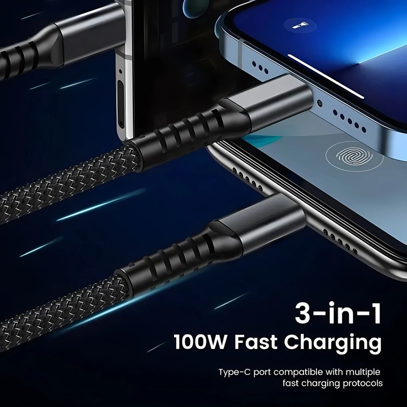 100W Fast Charging Cable Multi Charger Cable Nylon Braided Multiple USB 3 in 1 gallery