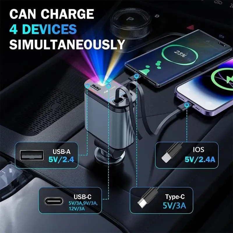 Car Charger with Starlight Fast Car Chargers 4 in 1 Retractable Car Charger