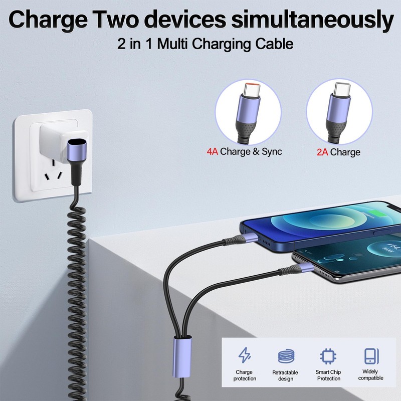 90 Degree USB Type C Spring Cable To 2 Y Splitter Fast Charging Cord 5.9ft gallery