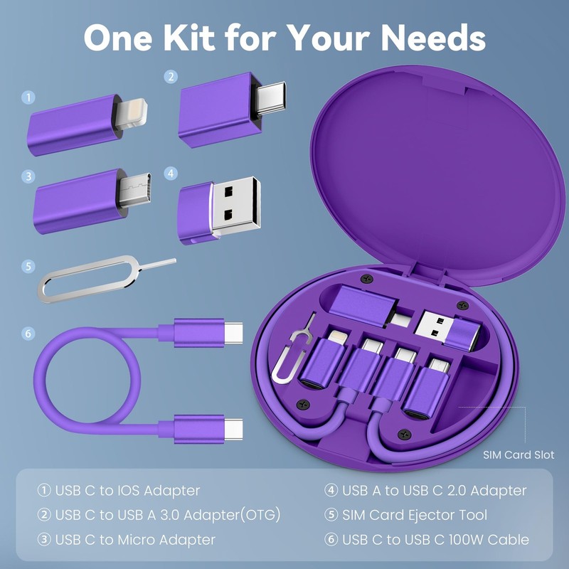 Basesailor Multi USB C Adapter Kit Set with 1FT 100W Charging Purple gallery