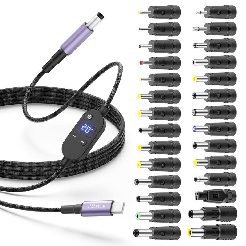 140W USB C to DC Adapter 5.5x2.5mm Barrel Cable, 28 Tips, Multi Voltage 5V-28V, gallery