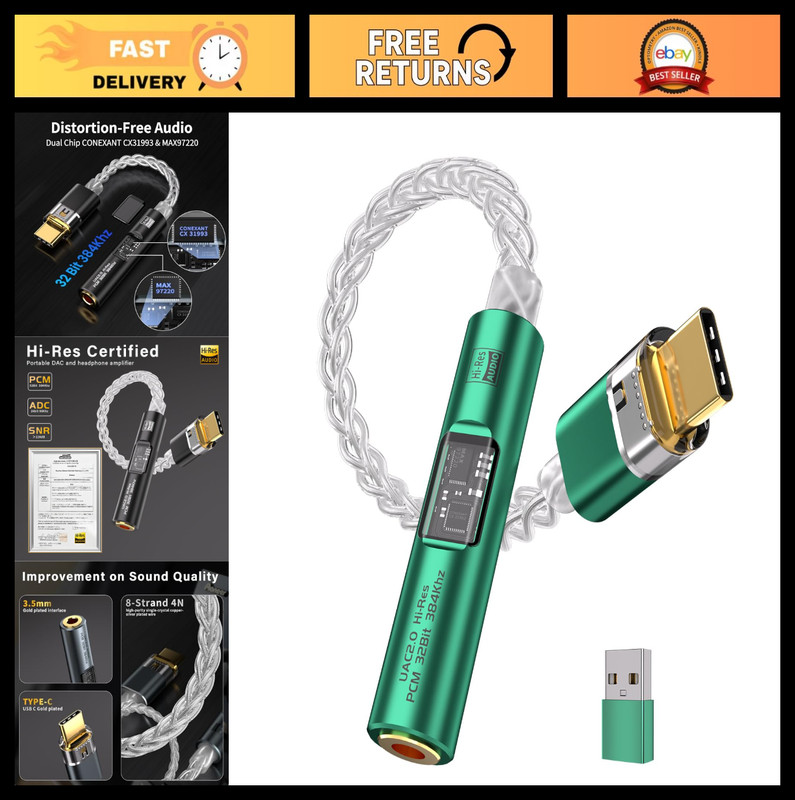 USB-C to 3.5mm Audio Adapter, Hi-Res DAC, 8-Strand Copper Cable, Aux for Android