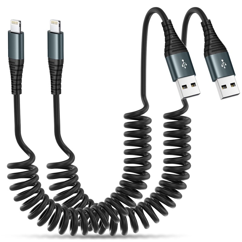 Heartbeats Coiled Lightning Cable 3FT 2 Pack MFi Certified Car 3FT, Black