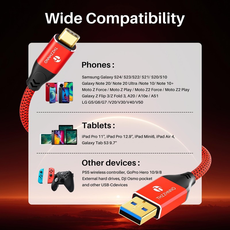 USB C Cable 10ft Type A to C 10Gbps Braided Fast Charge 3A Red gallery