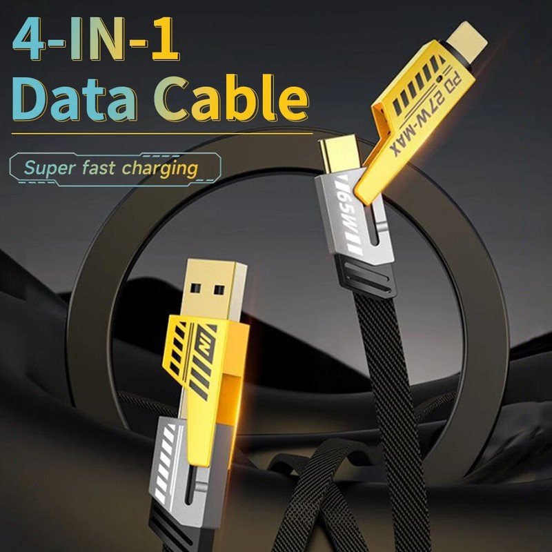 4-in-1 Flat Braided Anti-tangle Charger Cable For iPhone Samsung Type C USB Lead gallery
