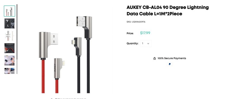 Aukey 90 Degree USB Fast Charger Cable for iPhone, iPad, iPod 2 pack. 6 ft gallery