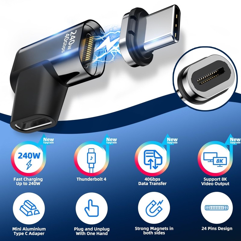 240W Magnetic USB C Adapter (2 Pack) Right Angle 24Pin, 40Gbps 8K 60Hz for Type gallery