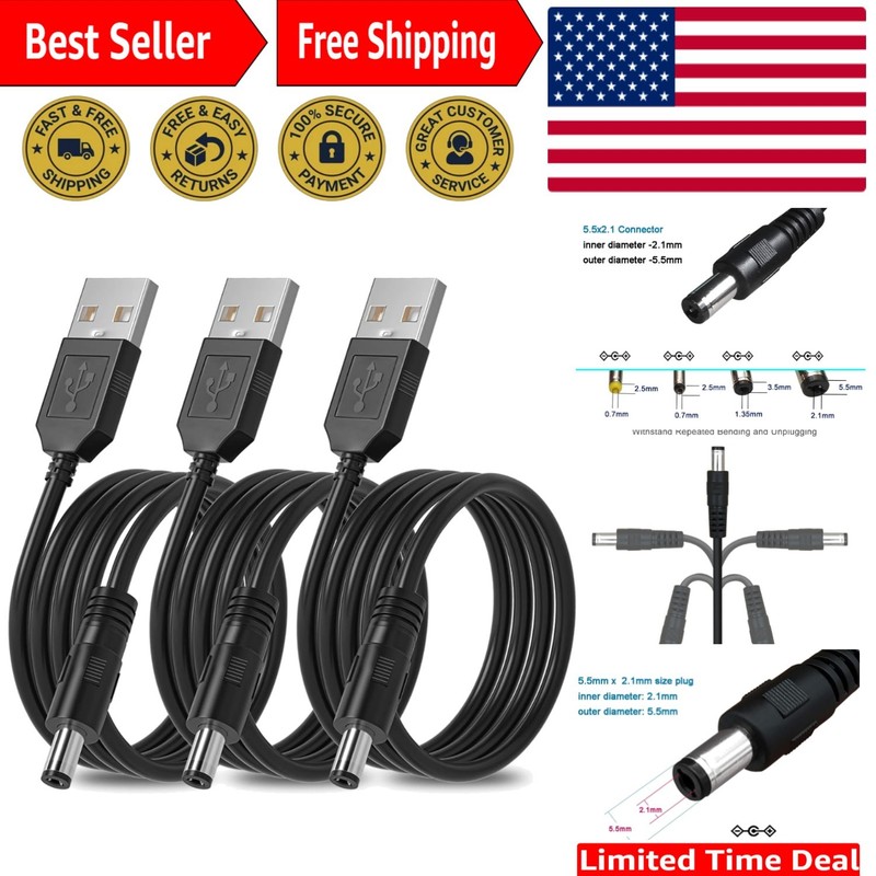 Versatile 3-Pack of 4ft USB A Male to DC 5.5 x 2.1mm Power Cables, Tangle-Free