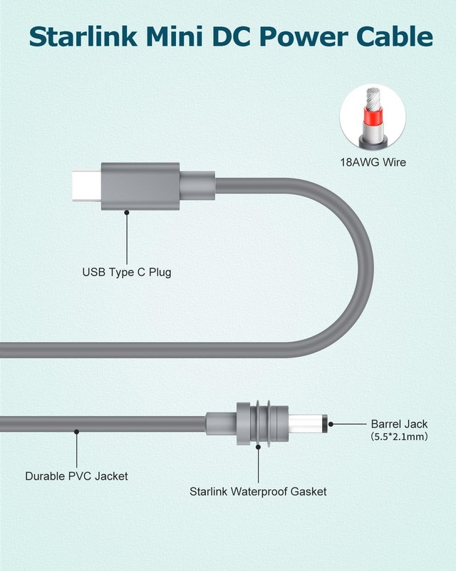 Durable 1.8M USB Type C to DC Power Cable for Starlink Mini - 18AWG Design gallery