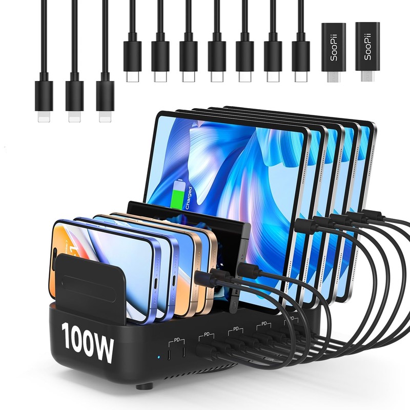 SooPii 100W USB-C Charging Station,10-Port PD Fast Charger,3-Pin Black