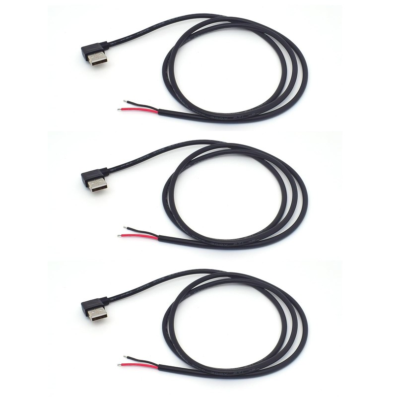 3 PCS 90 Degree USB 2.0 Male Plug 2 Pin Bare Wire Pigtail Cable 3.3 FT 5V 5A