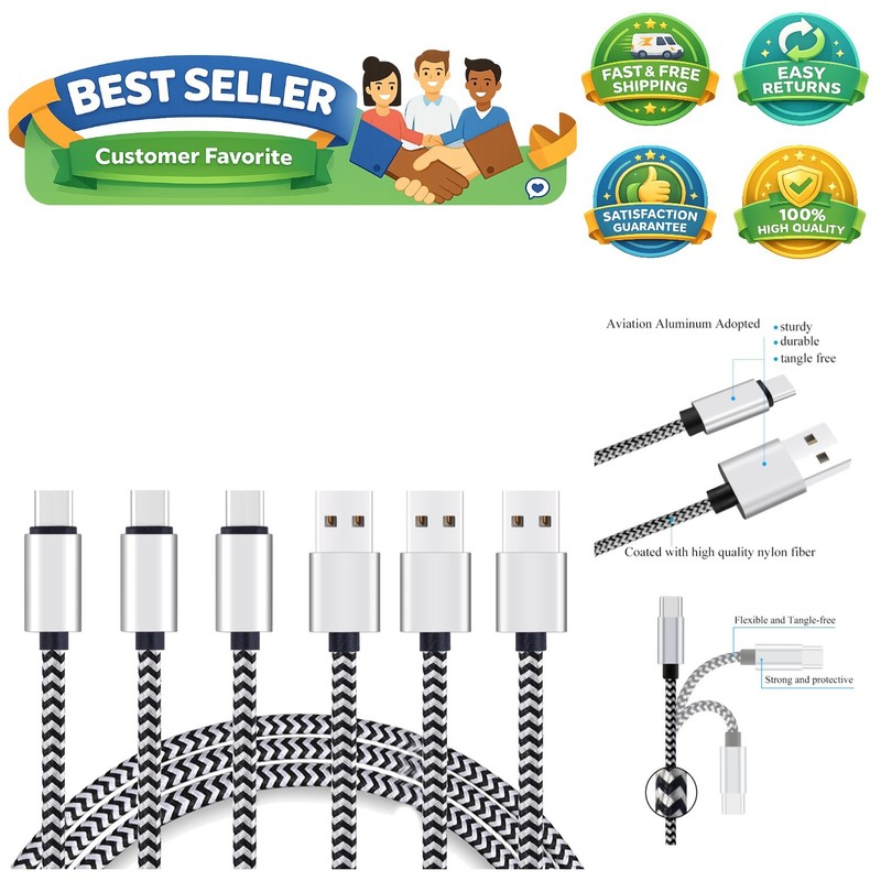 Durable 10ft Nylon Braided USB C Cable – 3-Pack, Fast Charging & Sync