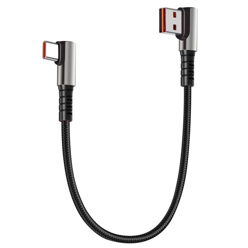Short USB A to Type C Cable 90 Degree Right Angle Braided 6A Fast Charging