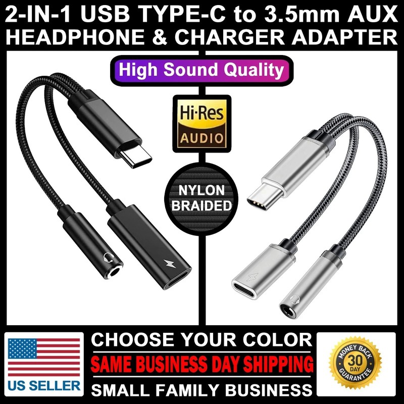 2 in 1 Type-C USB C to 3.5mm AUX Audio Headphone Jack Adapter Charger Cable New gallery