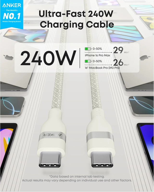 Anker A82E2 USB-C to USB-C Cable Shell White (3ft, 240W, Upcycled-Braided) gallery