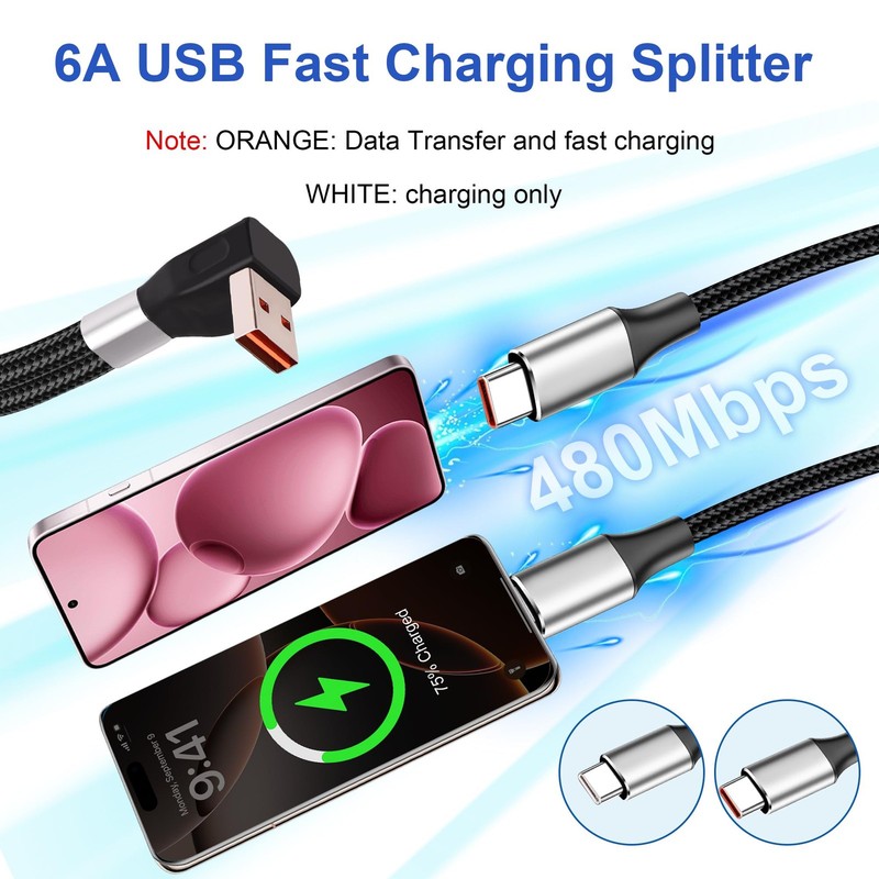 USB A To C Splitter Cable 6A Super Fast Charging Dual Type C Cord 1.2m 3.9Ft gallery
