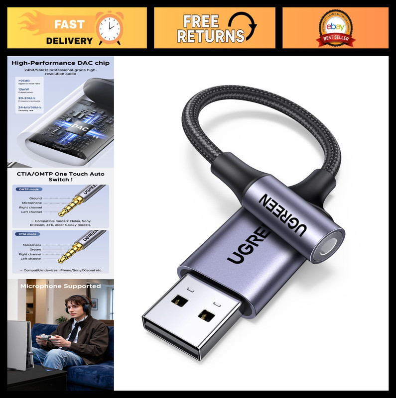 USB to 3.5mm Audio Adapter, TRRS Headphone DAC, Nylon Braided, 24bit 96kHz, PC/P