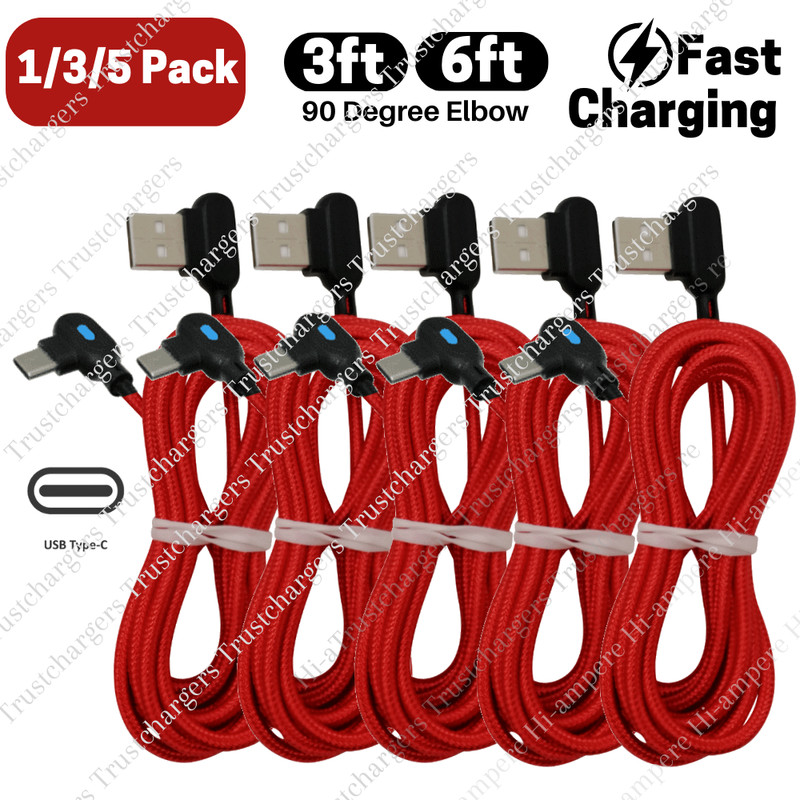 1/3/5Pack 90° Right Angle USB C Charger Cable 3/6Ft Cord For Samsung Android Lot