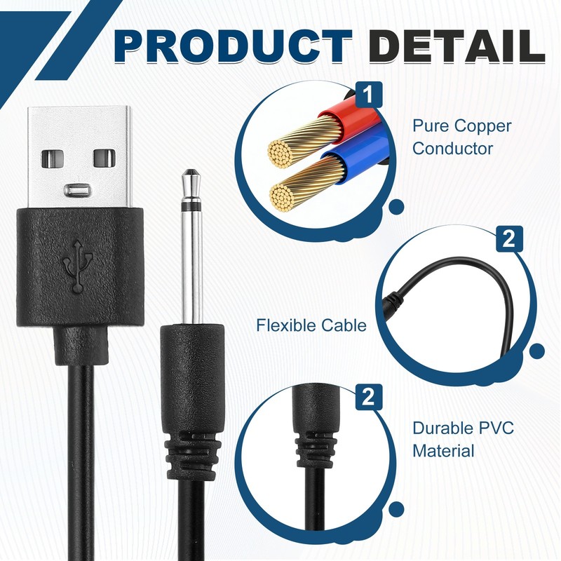 2Pcs 2.6FT DC Charging Cable, USB to DC Power Cable 2.5mm l 17mm, Black/White gallery