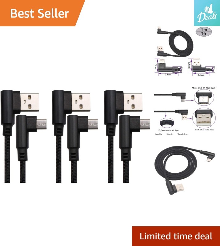 90 Degree Micro USB Cable – Fast Charging & Sync – Nylon-Braided – Black/3-Pack