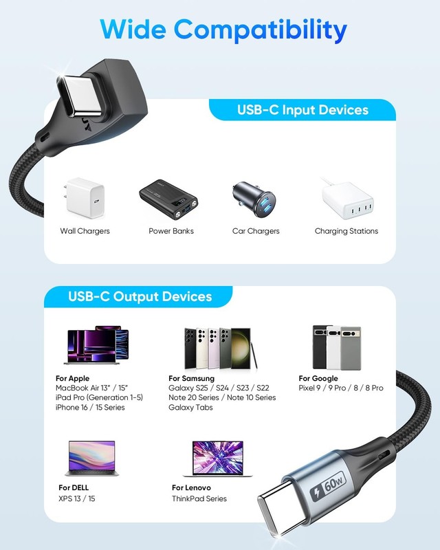 USB C Cable Right Angle 2Pack 3.3FT 60W Fast Charging USB C Cable Braided US... gallery