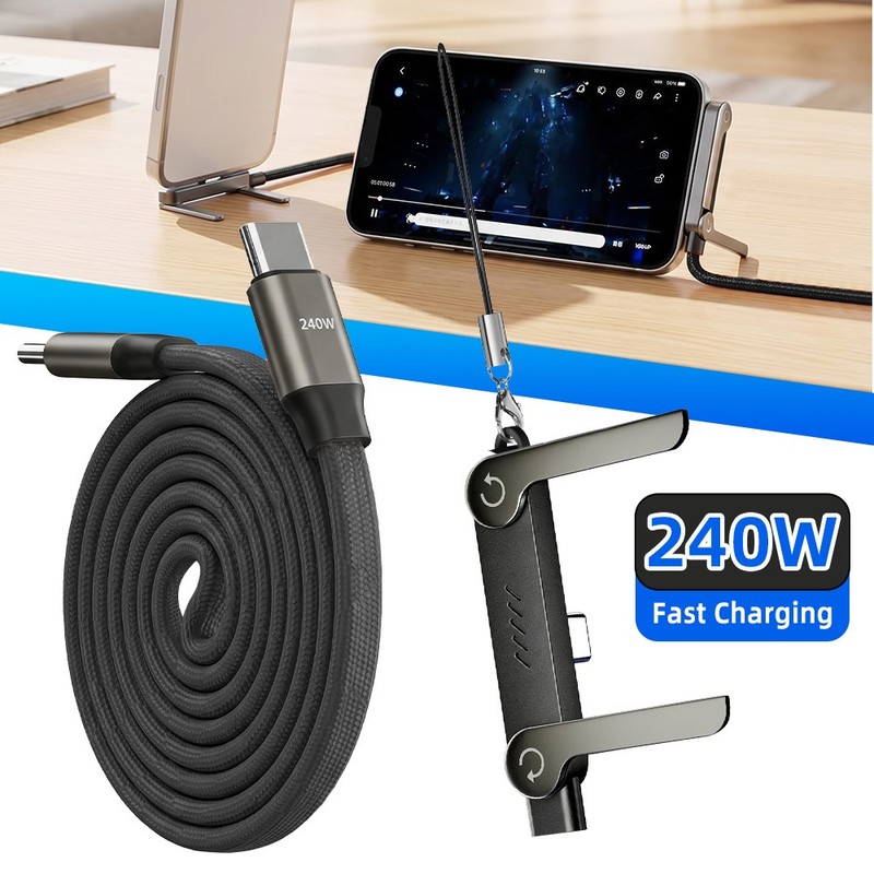 240W USB-C to USB-C Fast Charging 5ft Cable with Built-in Adjustable Phone Stand gallery