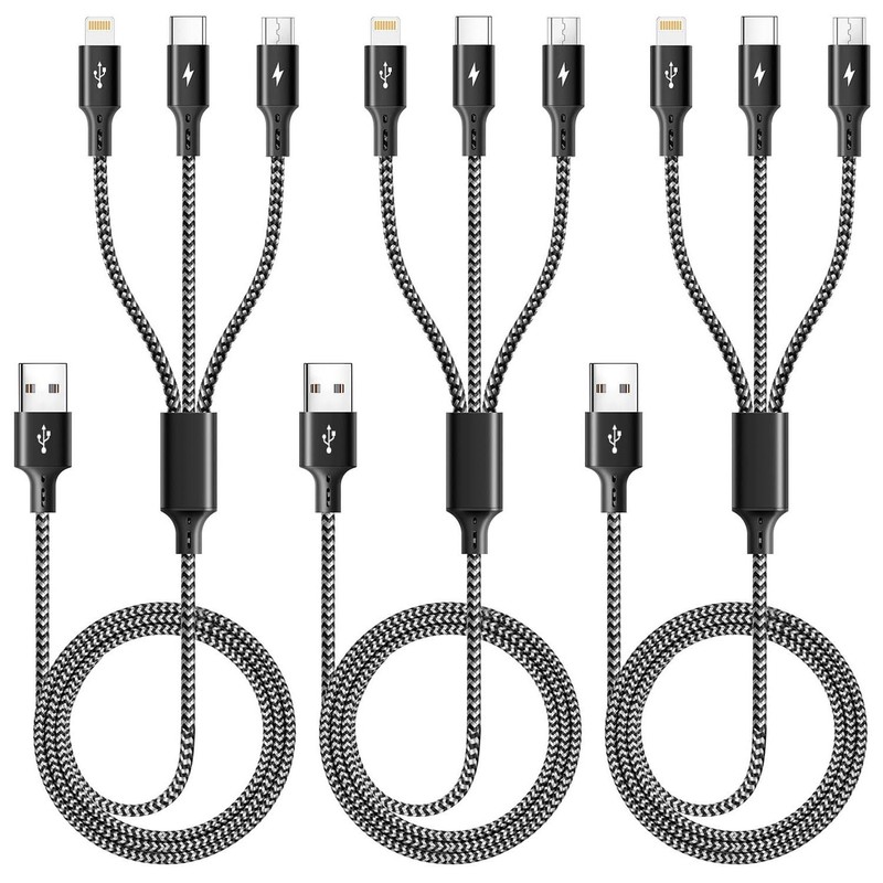 ASICEN 3 in 1 Multiple Charging Cord, Braided Multi Charger Cable 4Ft, Black
