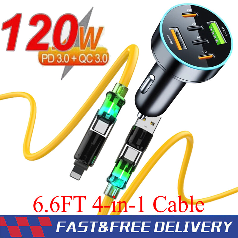 120W Fast Type C Car Charger , 4-In-1 60W 6.6FT Super Fast Cable For Cell Phone gallery