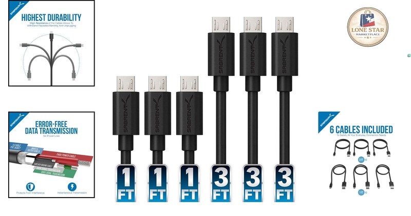 Fast Charging 6-Pack Micro USB Cables - 3ft & 1ft for Devices & Peripherals gallery