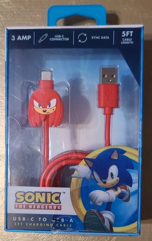 SONIC THE HEDGEHOG KNUCKLES USB-C TO USB-A 5FT RED CHARGING CABLE NIB