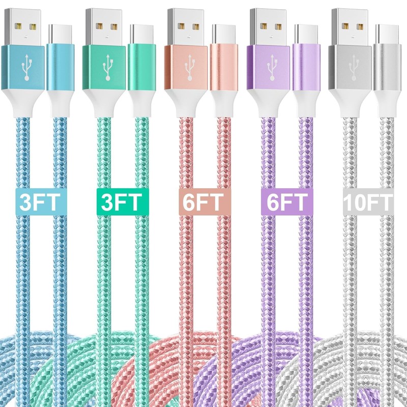 USB to USB Cable, 5 Pack(3/3/6/6/10FT) 3.1A Colored Nylon Braided Charger Fas…