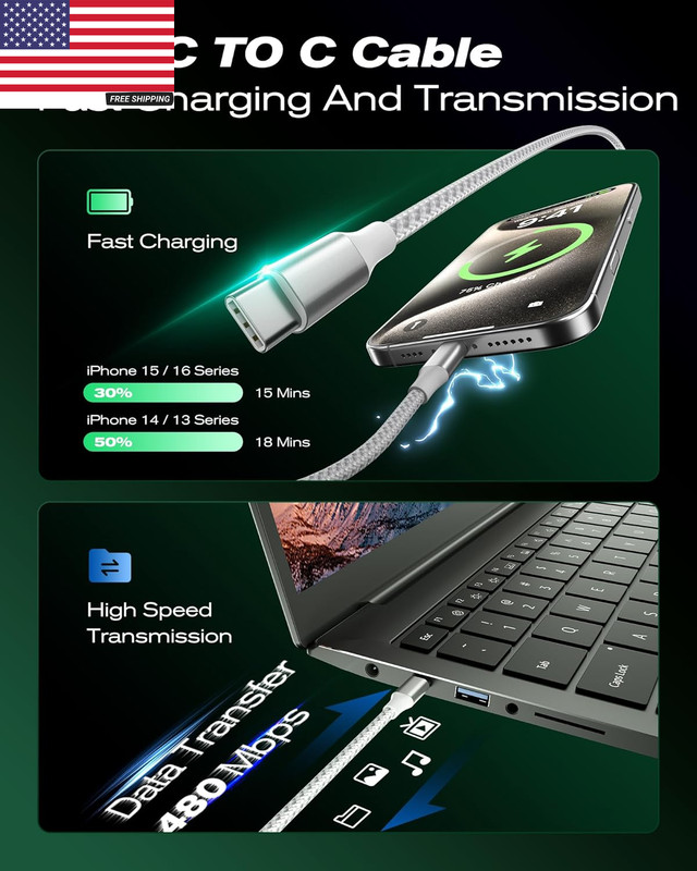 USB C to USB C Cable 5-Pack [3/3/6/6/10FT] 60W USBC Fast Charging Cable Nylon Br gallery