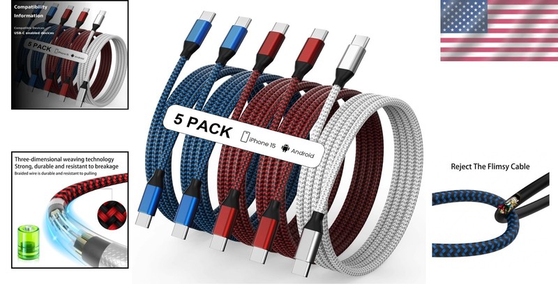 Stylish Nylon Braided USB C to USB C Cable - Multicolored, 5 Pack gallery
