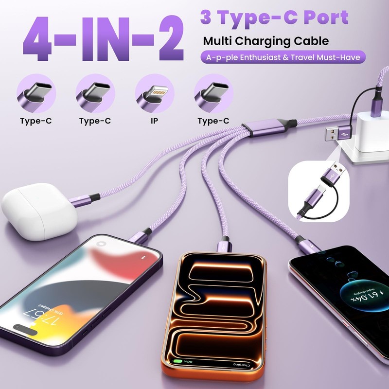 4 in 2 USB A/USB C Cable with 3 Type-C+ 1IP Ports, Purple USB C Splitter Mult... gallery