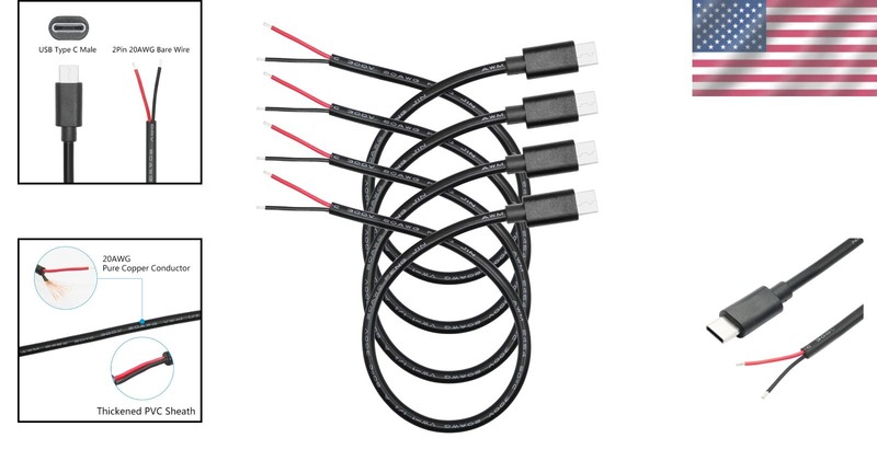 USB C to 2 Pin Bare Wire Power Cable 11in 5V 5A 20AWG 4 Pack for DIY Repair gallery