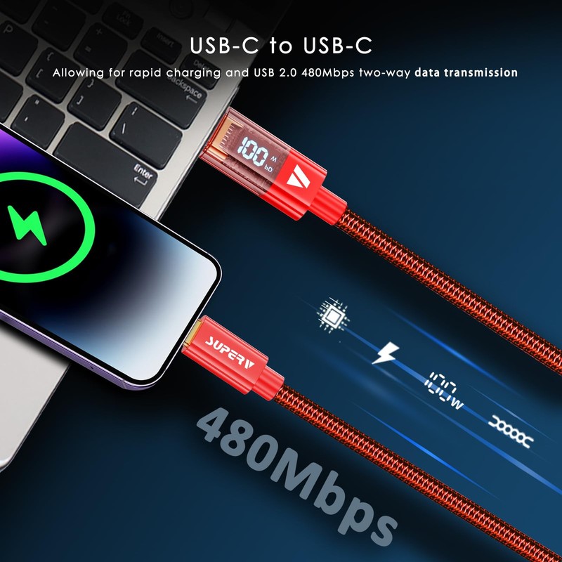 6.6ft/200cm Type C Cable with LED Display 5A PD 100W Fast Charging Red gallery