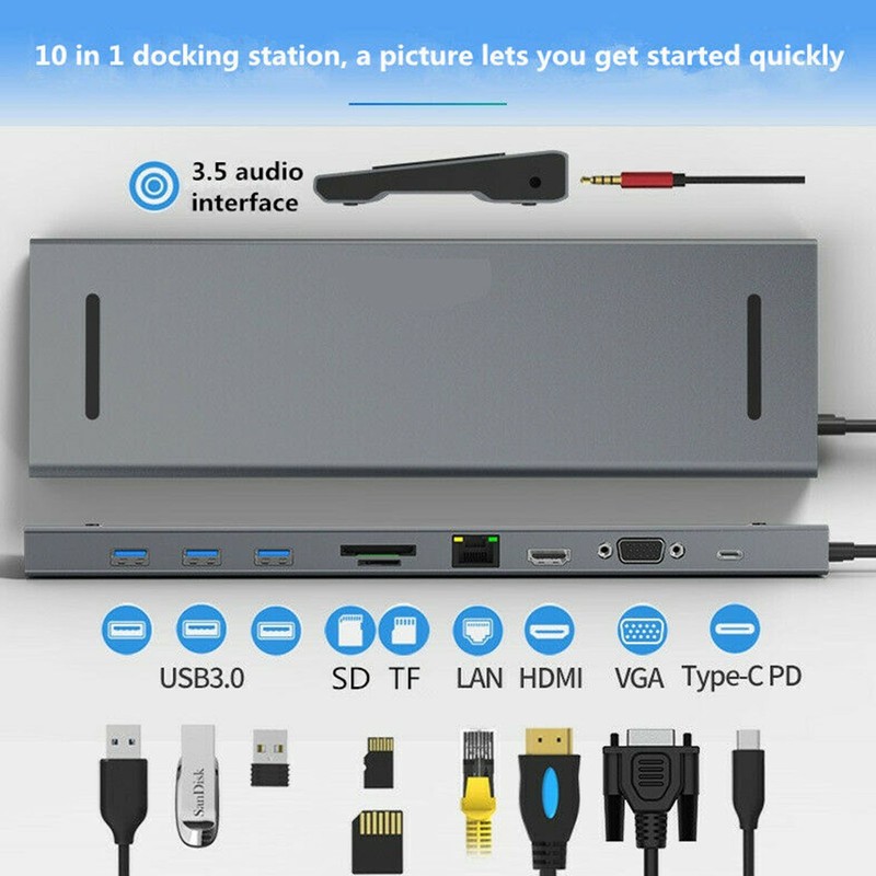 10 in 1 Multi-function USB3.0 Hub Adapter USB Type C Docking 4K HDMI VGA RJ45 SP gallery